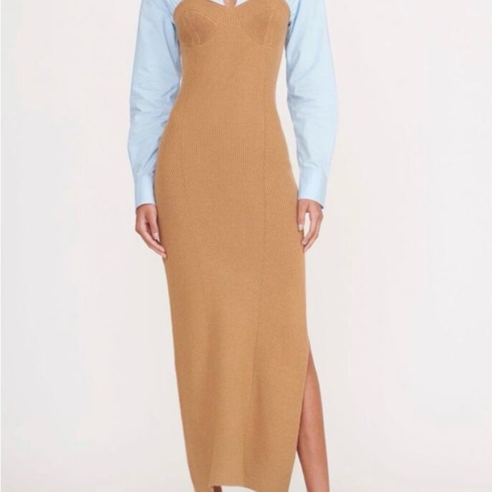 STAUD Hazel Light Blue and Tan Midi Dress | Size M | NWOT
